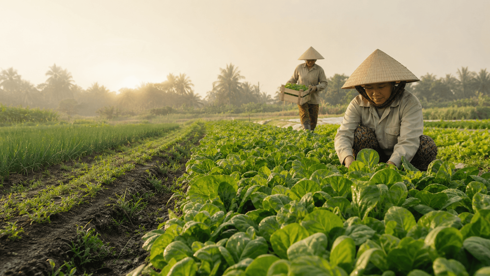 Người nông dân làm việc trên những luống rau tại Farm Bizzio